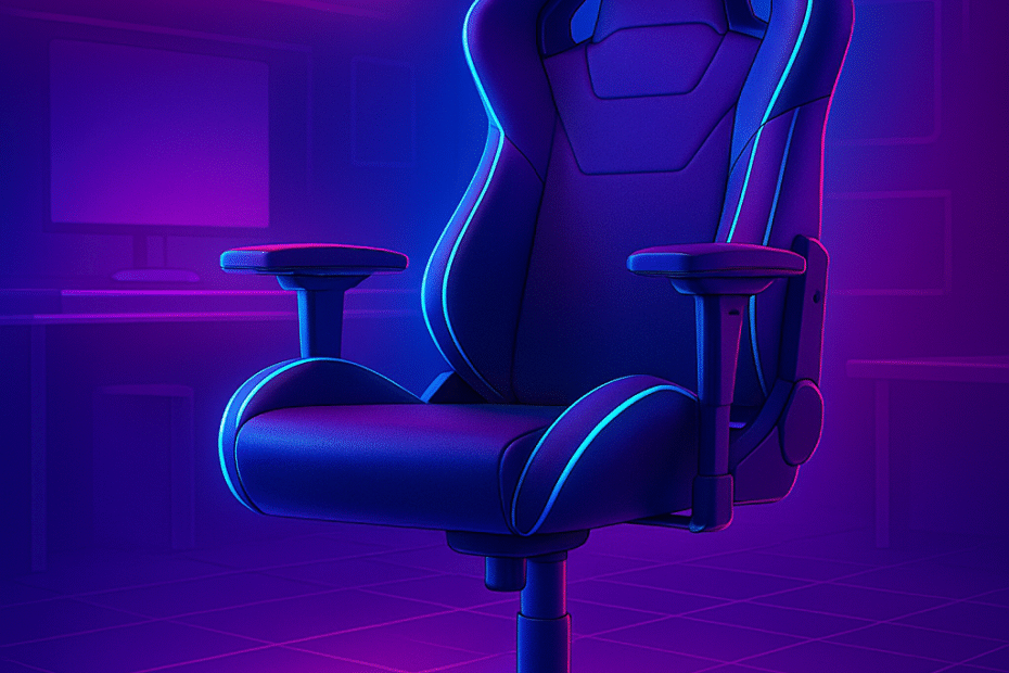 Fauteuil gaming futuriste flottant dans un décor de jeu aux lumières néon bleues et violettes 