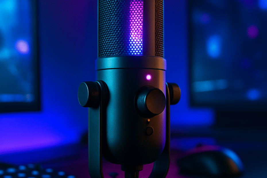 Microphone USB futuriste posé dans un décor de streaming gaming avec lumières néon