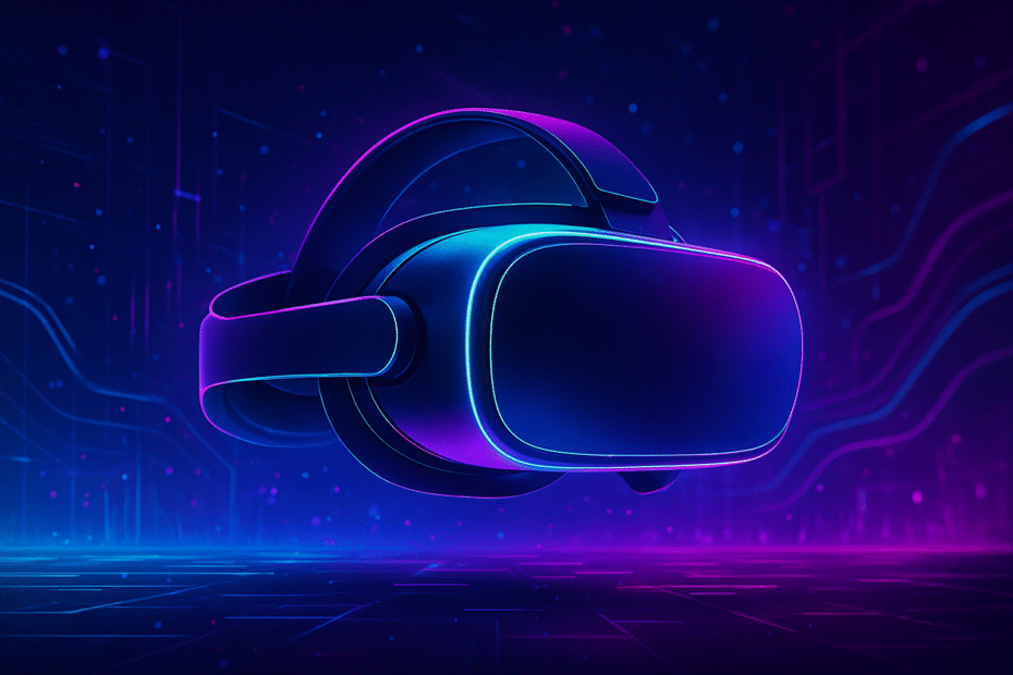  Casque de réalité virtuelle stylisé flottant dans un paysage numérique futuriste aux couleurs néon bleu et violet.