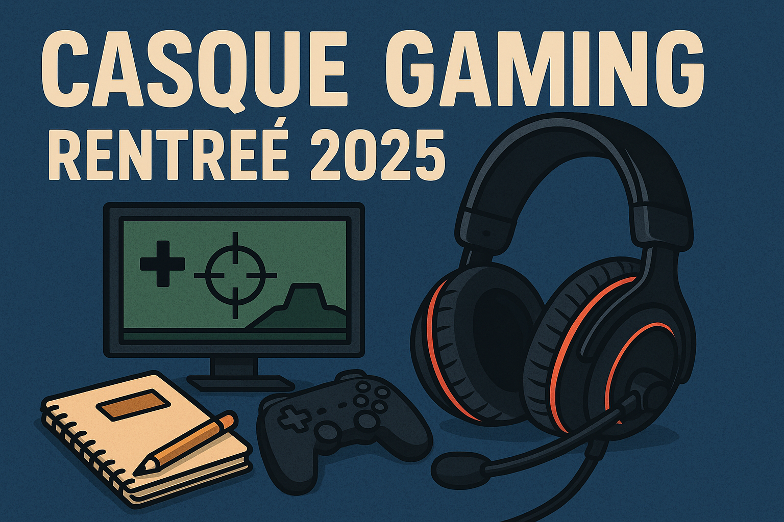 Casque gaming rentrée 2025 – illustration d’un casque gamer avec micro, manette et écran de jeu. Accessoires gaming pour joueurs PC et console, sélection GamerConseils.