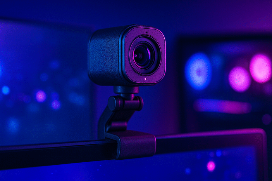 Webcam installée sur un écran d’ordinateur dans un setup gaming avec éclairage violet et bleu futuriste.