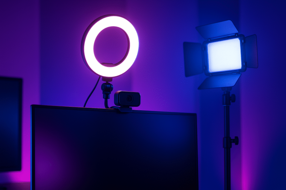 Ring light et panneau LED installés dans un setup gaming aux lumières violettes et bleues, parfaits pour le streaming.